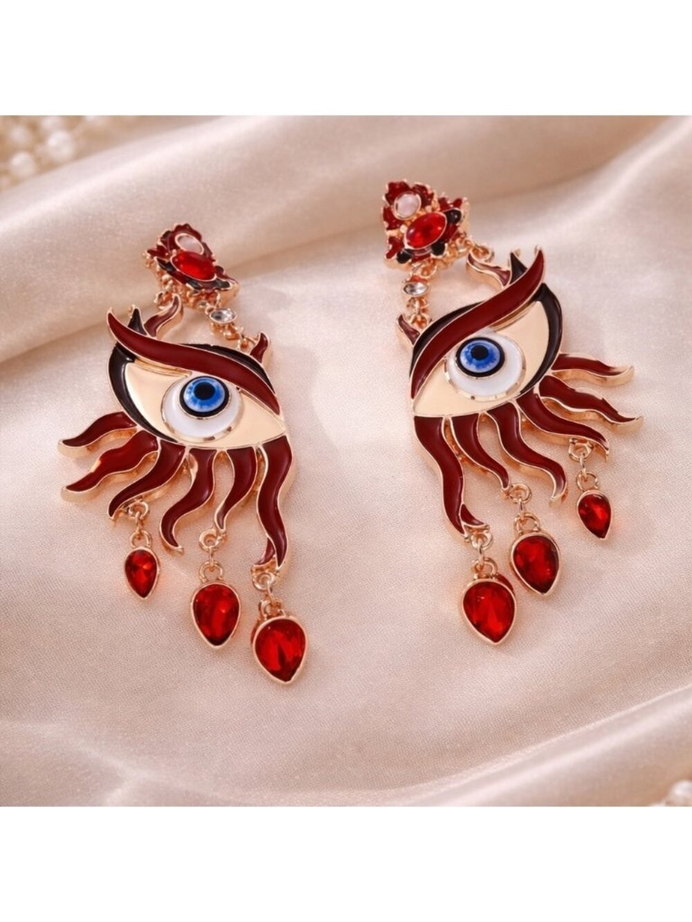 Surreal Evil Eye Art Earrings — Red & Gold Statement Drops
